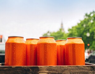 Orange soda cans in a wooden crate