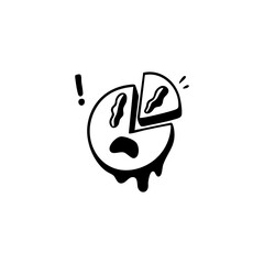 A black and white graphic of a pie, sliced in half, with an unhappy face.  The pie has dripping, stylized icing.  A small exclamation point graphic is above the pie