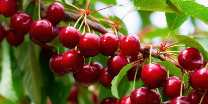 Close-up of luscious red cherries, ready for picking on a sunny day.
