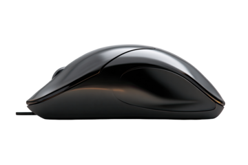Black computer mouse, side view.  Smooth, curved design