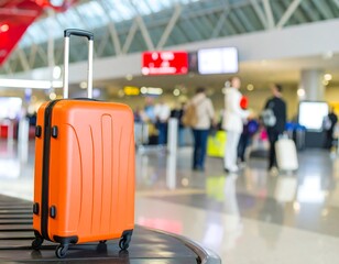 Orange suitcase on airport conveyor belt