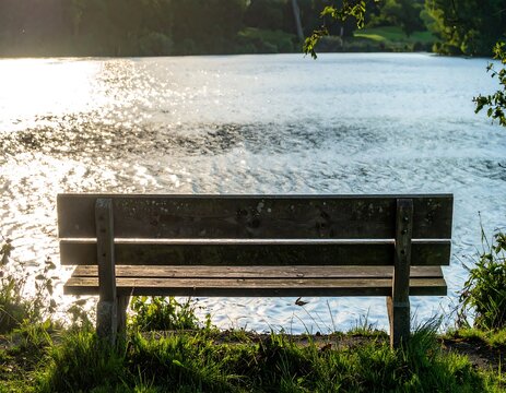 Wooden park bench by a lake
