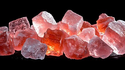 Stunning close-up photo of illuminated pink himalayan salt crystals on black background