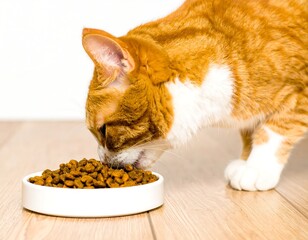 Orange tabby cat eating from white bowl