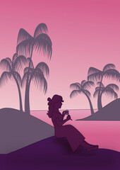 A young girl are sitting between palm trees, by the sea, in the twilight.
