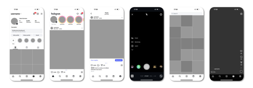 Instagram mockup 2025. Set instagram screen social media and social network interface template. Instagram photo frame. Stories, liked, stream.
