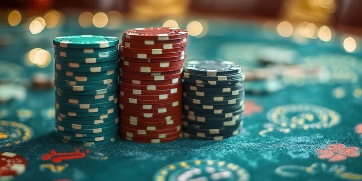 Vibrant casino chips stacked on a green felt table with blurred lights in the background.