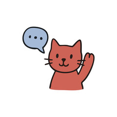 Cute cartoon cat with speech bubble, raising a paw