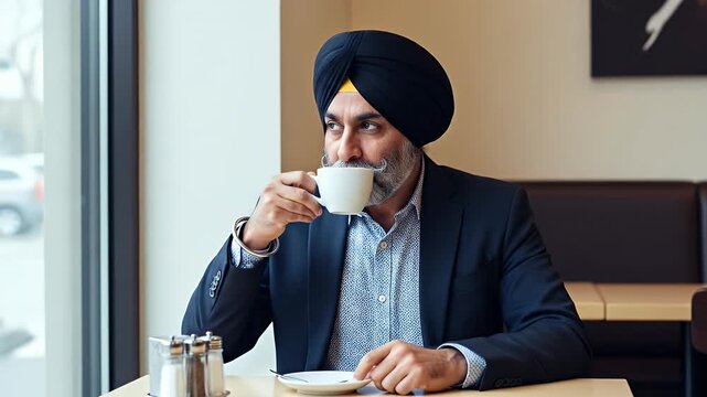 A professional Indian businessman in a suit and turban drinking coffee at a cafe by the window.