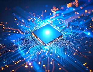 Futuristic microchip on a vibrant circuit board