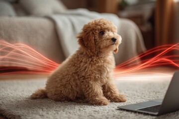 Adorable dog typing: a morning in a bright room. Ai-driven networks. Modern data transmission opens new paths for global communication. Morning delight. Dog and tech.