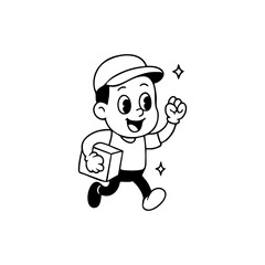 Black and white illustration of a cheerful cartoon delivery person running with a package