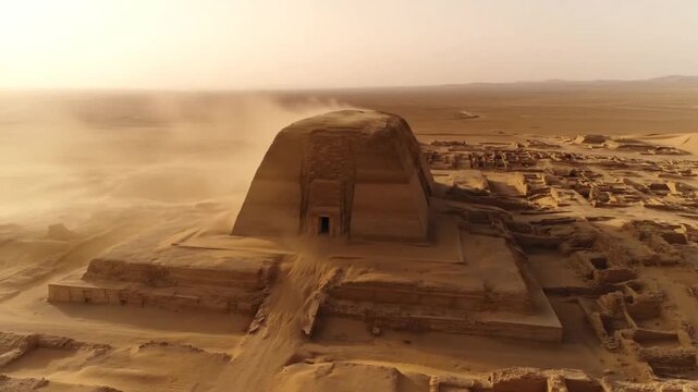 Aerial drone footage of the ancient nubian pyramids of mero in sudan, with sand blowing across the desert landscape and revealing the weathered stone structures