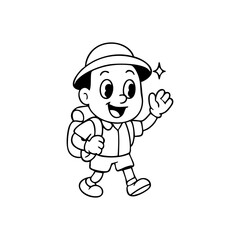 Black and white cartoon drawing of a happy child wearing a hat and backpack, waving