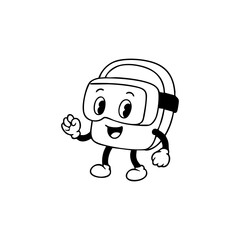 Cartoon VR headset character, black and white, smiling and gesturing