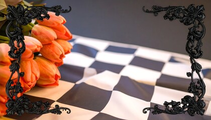 Orange tulips on a checkered surface