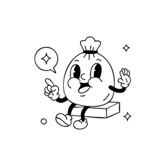 A cartoonish, black-line drawing of a bag character sitting on a box, pointing and waving