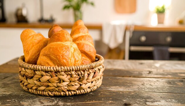 Freshly baked croissants in a rustic kitchen setting