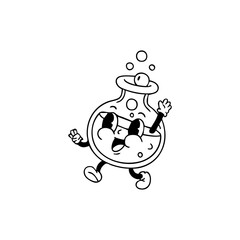 Obraz premium A cartoon flask character with large eyes, a wide mouth, and a raised arm, is shown in a playful, whimsical style. It's outlined in black, and bubbles are rising above its head