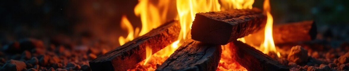 Close-up of vibrant flames licking at a stack of seasoned firewood, creating a warm, inviting glow Perfect for themes of warmth, comfort, and the outdoors , cozy, bonfire