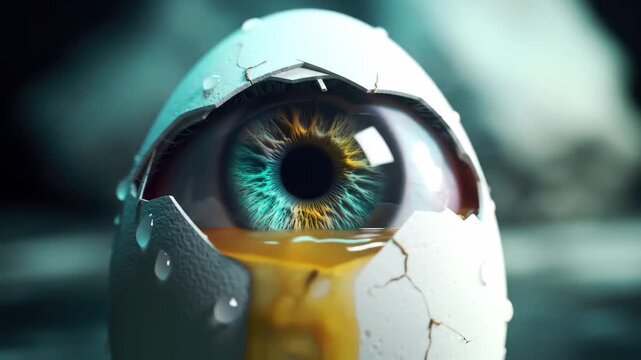 surreal cracked egg with a vibrant human eye and dripping golden yolk in hyperrealistic detail and slow motion