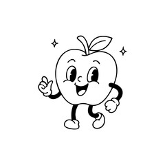 Cartoon apple with big eyes and a happy expression, walking with a thumbs-up gesture