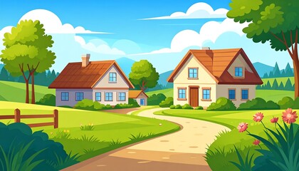 Rural landscape, houses, path