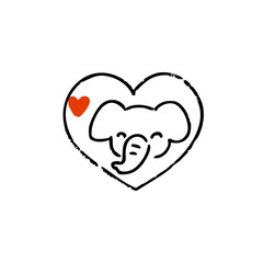 Simple black line drawing of an elephant inside a heart shape, with a small red heart next to it