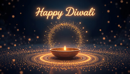Happy Diwali 2026 Circular Diya Greeting Card Design Glowing Oil Lamp with Sparkling Arc and Golden Typography Elegant Festival Poster for Holiday Messages and Invitations