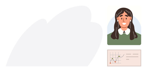 Smiling woman portrait beside a financial or data chart with growth trend. Ideal for business, education, financial analysis, teamwork, communication, career development, information sharing. Clean