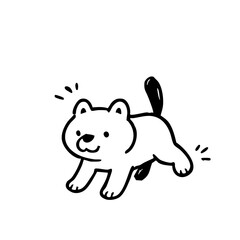 Simple black and white cartoon drawing of a small, cute animal, possibly a bear cub or dog, in a playful stance