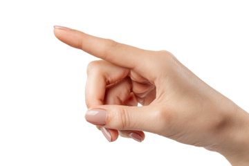 A light-skinned hand, elegantly positioned, points outward