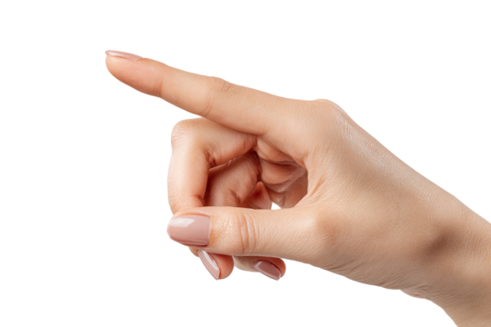 A light-skinned hand, elegantly positioned, points outward