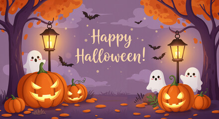Halloween scene with pumpkins, ghosts, and lanterns under trees  