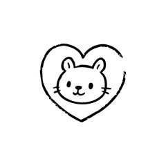 Simple black line drawing of a cartoon cat's head inside a heart shape with textured edges