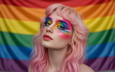 Fototapeta premium Woman with makeup and a gay pride flag in the background, Fight for sexual freedom.
