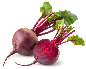 Two fresh beetroots with vibrant green leaves.