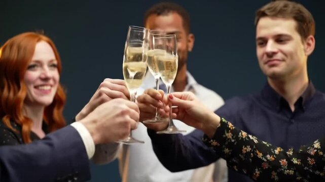 Diverse friends clinking champagne glasses celebrating a joyous milestone together with smiles