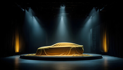 Car presentation with golden drapes and spotlights. Futuristic auto reveal under black fabric in elegant showroom. Modern vehicle debut, luxury automotive concept, exclusive event atmosphere