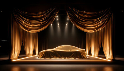 Car presentation with golden drapes and spotlights. Futuristic auto reveal under black fabric in elegant showroom. Modern vehicle debut, luxury automotive concept, exclusive event atmosphere