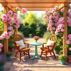 A charming anime-style outdoor seating area under a wooden pergola with climbing pink roses. Two wooden chairs with cushions and a small bistro table.