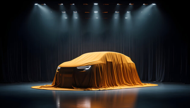 Car presentation with golden drapes and spotlights. Futuristic auto reveal under black fabric in elegant showroom. Modern vehicle debut, luxury automotive concept, exclusive event atmosphere