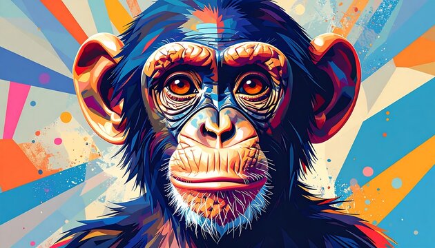 Vibrant portrait of a chimpanzee, bold colors, geometric shapes