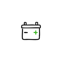 Simple black outline illustration of a battery with plus and minus signs
