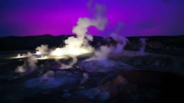 Geothermal landscape at night with steaming fumaroles and hot springs under a vibrant purple sky, showcasing the raw power and otherworldly beauty of volcanic activity and natural geological phenomena