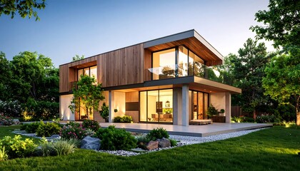 Modern two-story house with large windows, wood siding, and landscaped yard