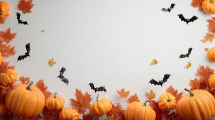 Pumpkins with autumn leaves and bats on white background, festive Halloween scene with copy space