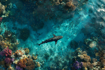 Fototapeta premium hark swimming over coral reef underwater Dramatic underwater scene with shark swimming above coral reef in clear tropical ocean water. Stunning marine wildlife photography showing biodiversity, reef h