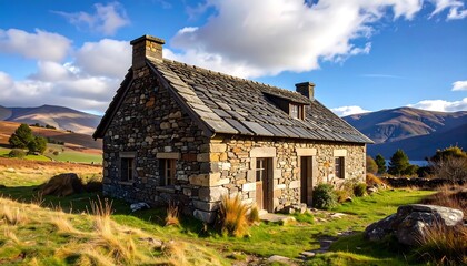 Obraz premium Rustic stone cottage nestled in a sunny meadow, with mountains in the background