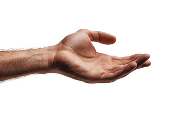 A person's outstretched hand, palm up, against a black background.  The hand is light-brown, showing some texture and creases. The arm is visible